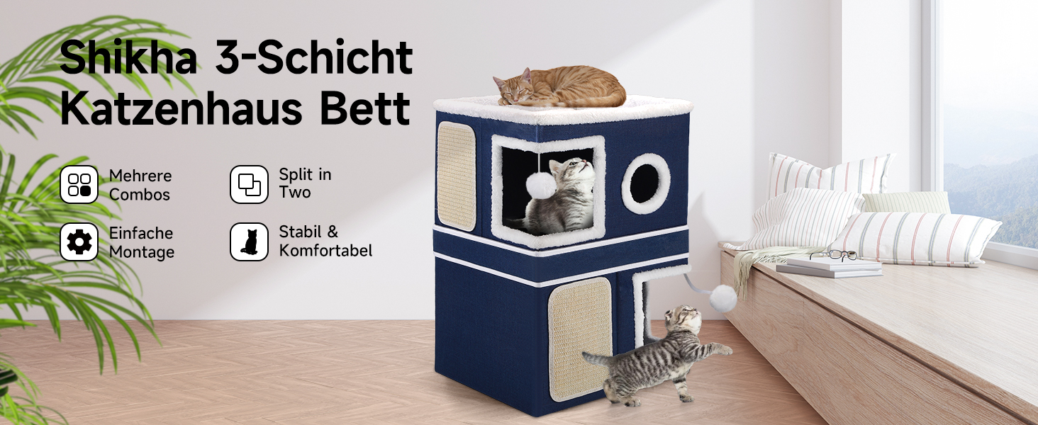 Кітчине гніздо Shikha, великий будиночок для котів, 3-ярусний куб для котів з дряпалкою та іграшкою, 61x45x32 см, блакитний