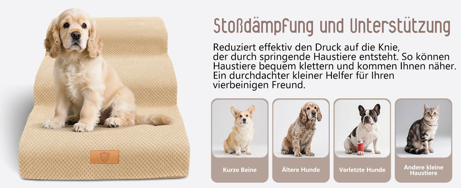 Сходинки для собак, 4 сходинки, знімний поручень, неслизьке покриття, для ліжка та дивану, з високощільним губчастим наповнювачем (3 сходинки, бежевий)