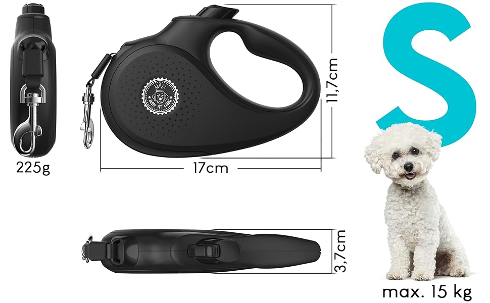 Витяжна повід для собак HUND IST KÖNIG 8м, до 50кг, чорний | Міцний поводок для малих та великих собак | Зручний ручка