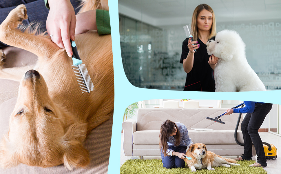 Бурштук для догляду за шерстю собак Tonyg-P, м'яка вичавкова щітка + двосторонній гребінець для собак з довгим волоссям (синій)