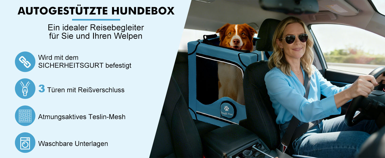 Складана переносна переносна коробка для собак Snagle Paw, стабільна переноска для заднього сидіння автомобіля з підголовником, металевий каркас, переноска для подорожей для середніх/великих собак, переноска з сітчастими дверцятами та м'якою оббивкою (68см x 60см x 63см)