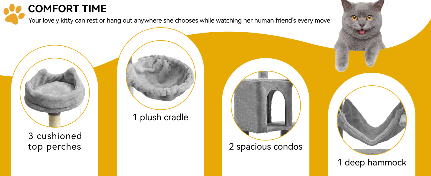 Кігтеточка YITAHOME 190 см, багатоярусна, з сизалю, з пандусом, плюшеві стійки, гамак, просторі будиночки, центр активності для кошенят (сірий)