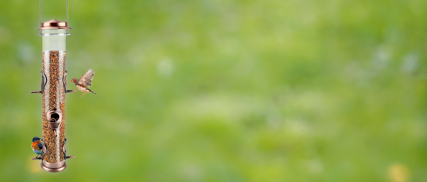 Металева годівниця для птахів з підвісним тросом, 6 відділень, для насіння, антична мідь