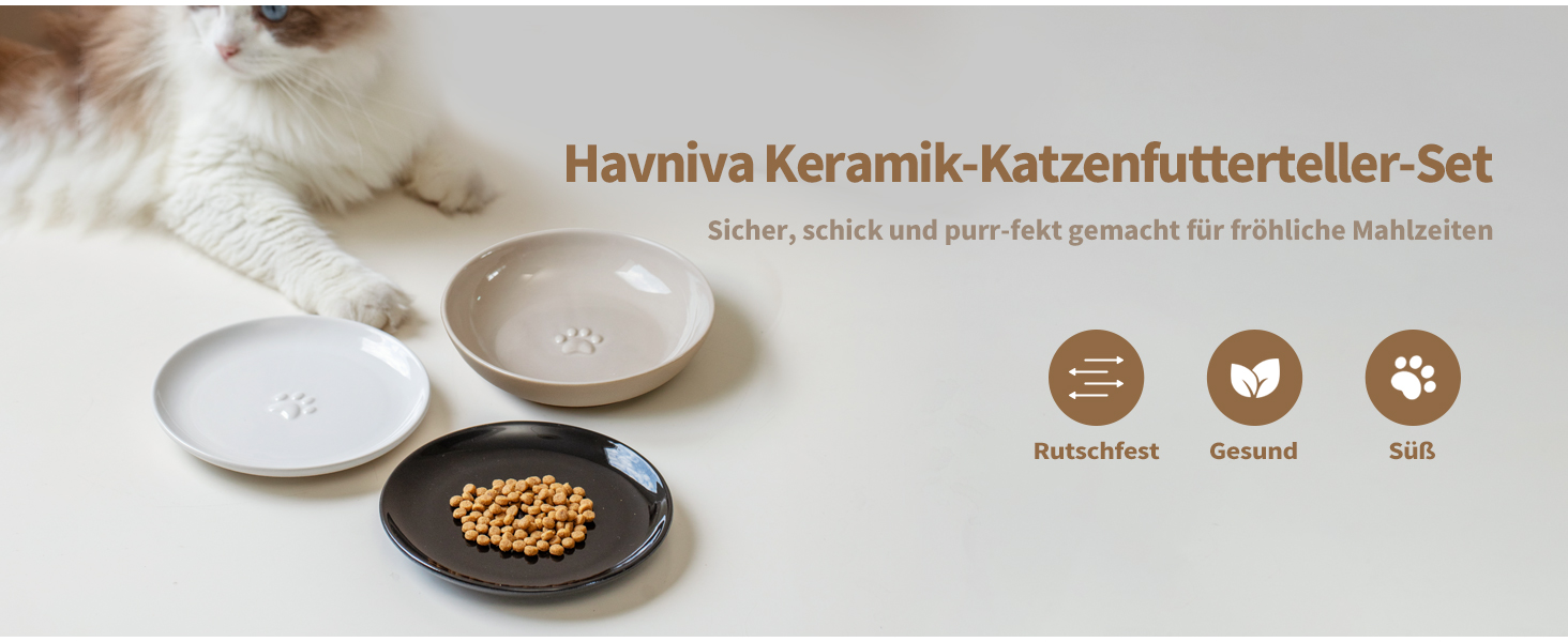 Набори керамічних мисок для котів Havniva (3 шт.) - широкі, білі, для вологого та сухого корму