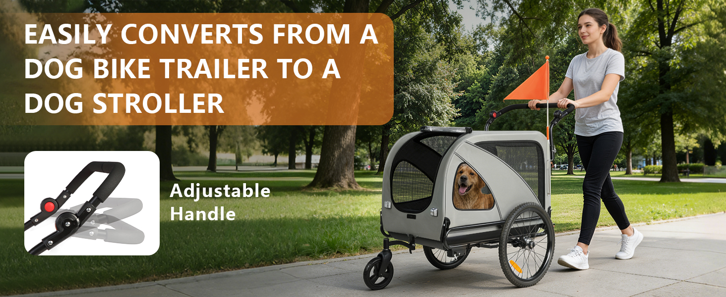 2-в-1 Причіп для собак XXL, Фарбований причіп для собак з дахом, Відбивачі та світловідбиваючі смуги, Універсальний з'єднувальний елемент для велосипеда, Регульована ручка-штовхач, Сірий