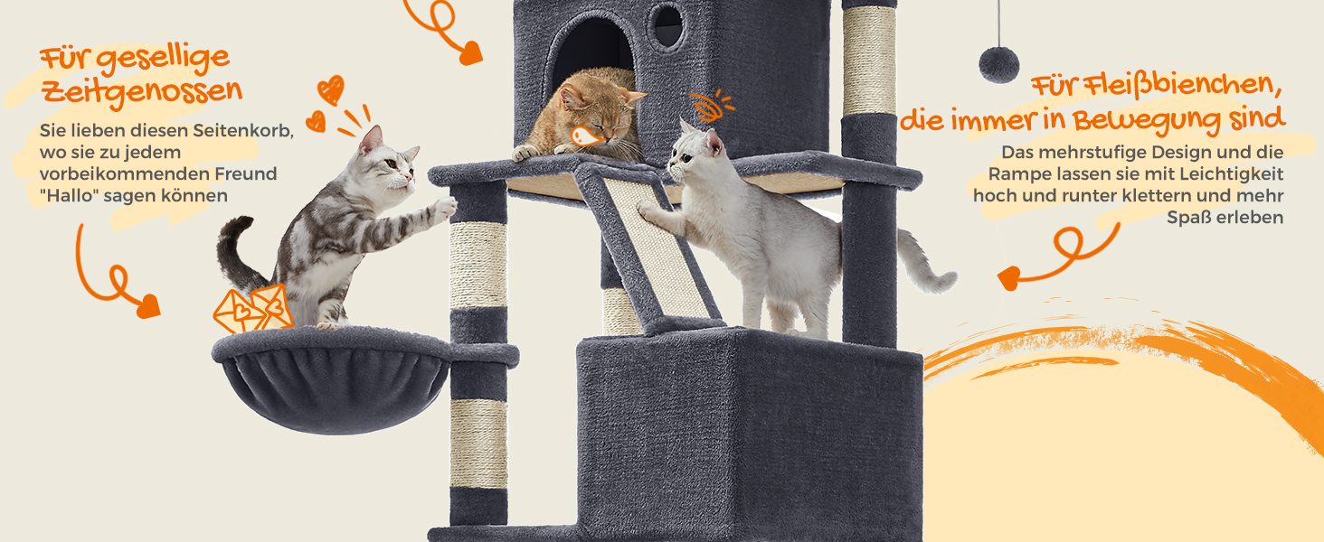 Котячий будиночок Feandrea XXL: багатоповерховий котячий комплекс 206 см, з 13 стовпчиками для шліфування, 2 платформами, 2 печерами, гамаком та іграшками, сірий