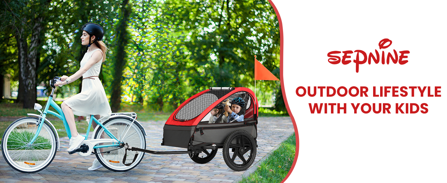 Дитячий велопричіп Sepnine для 1-2 дітей, від 12 місяців, швидко кріпиться, складаний, з 5-точковим ременем та кишеньками для зберігання. BT609-Червоний