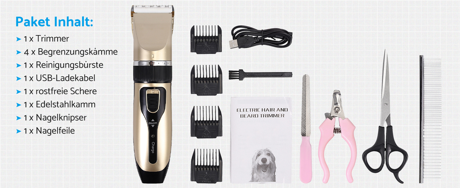 eSynic Професійна машинка для стрижки котів та собак, триммер для лап, електрична машинка для грумінгу, 4 насадки