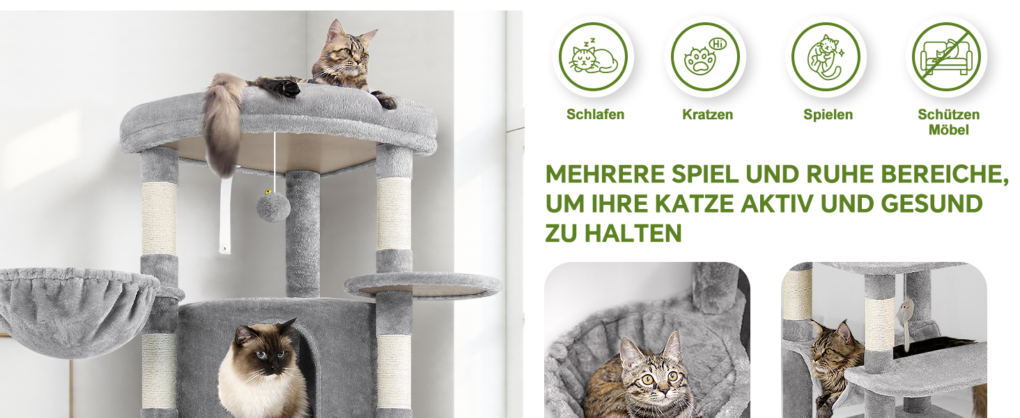 Кігтеточка Globlazer велика, стабільна кутова з великим будиночком для котів, платформа з м'яким покриттям, гамак, м'який кошик, кігтеточка висотою 130 см для кількох великих котів, для дому (XL, світло-сірий)