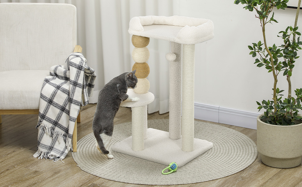 Кігтеточка PawHut для котів, 76 см, з платформою, кулькою та стійкою з джуту, бежева