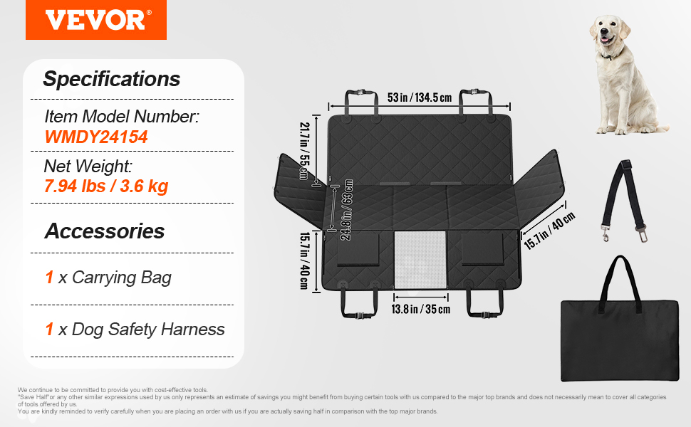 Автоматична ковдра для собак VEVOR, захист сидіння авто, 134,5 x 63 см, до 168 кг, з сіткою та сумкою для зберігання, підходить для авто, SUV, LKW