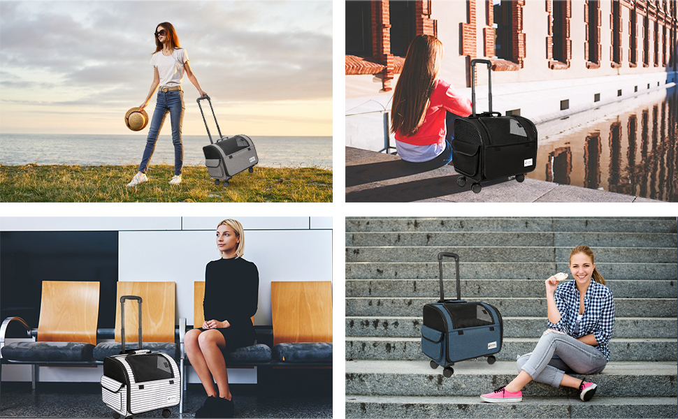 Чемодан для собак та котів Galatée з колесами, переноска для тварин, схвалена авіакомпаніями, дитяча коляска для домашніх улюбленців (чорний)