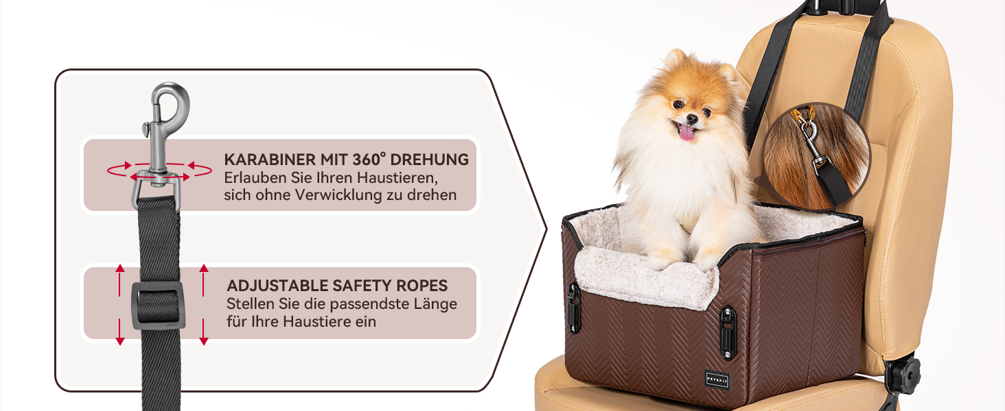 Автокрісло для собак Petfit, кошик для собак у машину, автоліжко для маленьких собак, з фіксатором ременя безпеки, знімні чохли, S, коричневе шкіряне