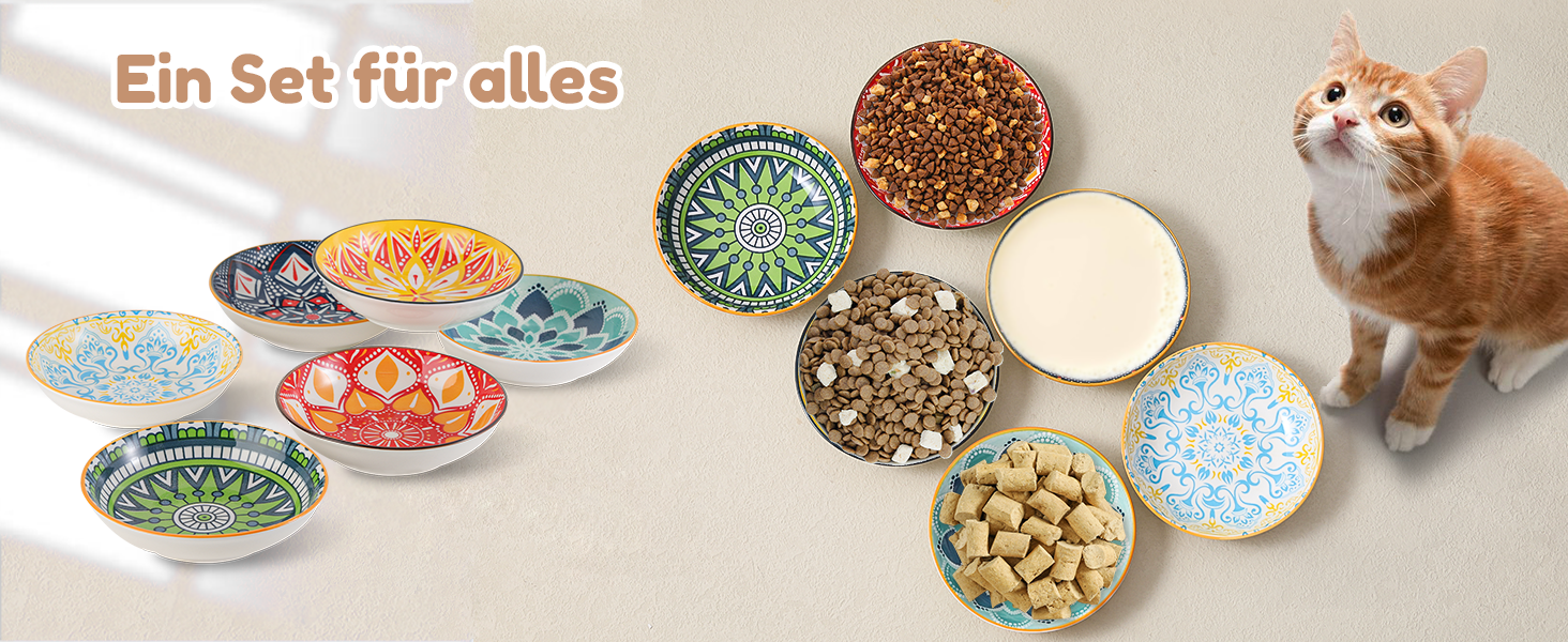 Набори мисок для котів з кераміки Katzennäpfe - 6 шт. - 250 мл - для корму - кольорові - широкі, плоскі, зручні для котів - можна мити в посудомийній машині