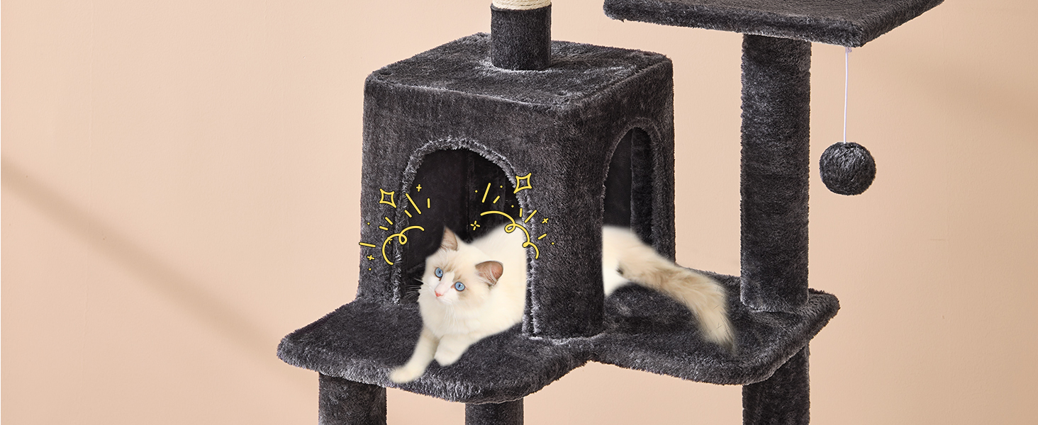 Кігтеточка для котів MSmask велика, 150 см, сіра, з 2 платформами, 2 будиночками, гамаком та сизалевими стовпчиками