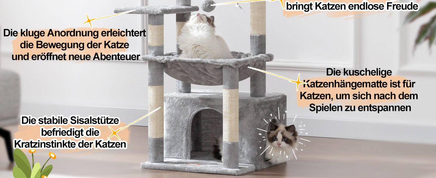 Котячий будиночок Heybly HCT008SW: міцний котячий будиночок з великим м'яким лежаком, місцем для сну та сизалевими стовпчиками для дряпання, сірий