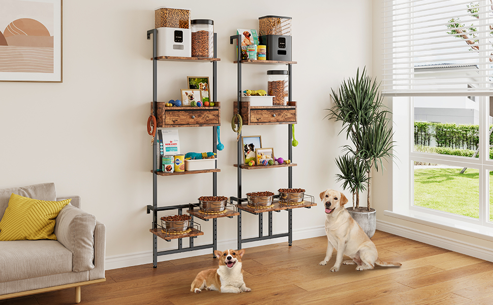 Підвищена годівниця для собак LitaiL з місцем для зберігання та двома антиковзними килимками, для великих собак, регульована висота, кріплення на стіну, колір вінтажний коричневий