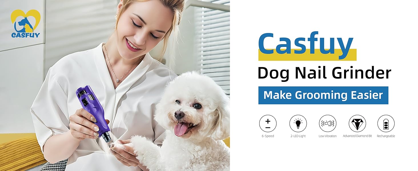 Електричний точилка для кігтів собак Casfuy - 6 режимів, 45 dB, з LED-підсвічуванням, для собак та котів великих, середніх та малих порід, фіолетовий