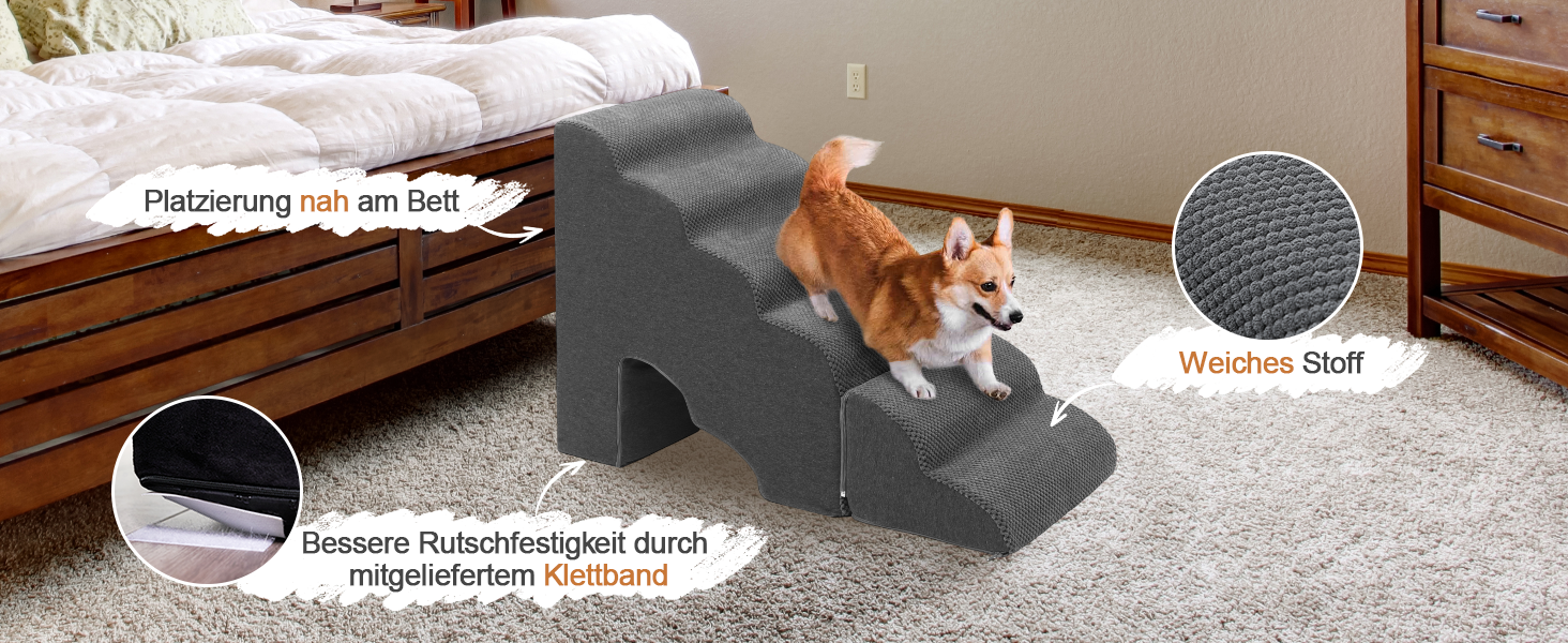 Східці для собак A.FATI 60 см, 6 сходинок, для ліжка, рампи для пружинного матрацу, неслизькі, для маленьких/травмованих собак та котів, темно-сірий колір