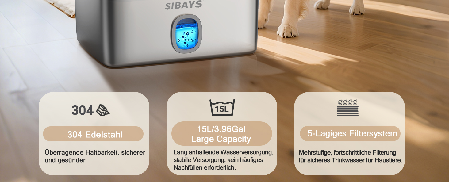 Фонтанчик для котів та собак 15L: великий, з нержавіючої сталі, з LED та вікном, для великих собак та кількох тварин