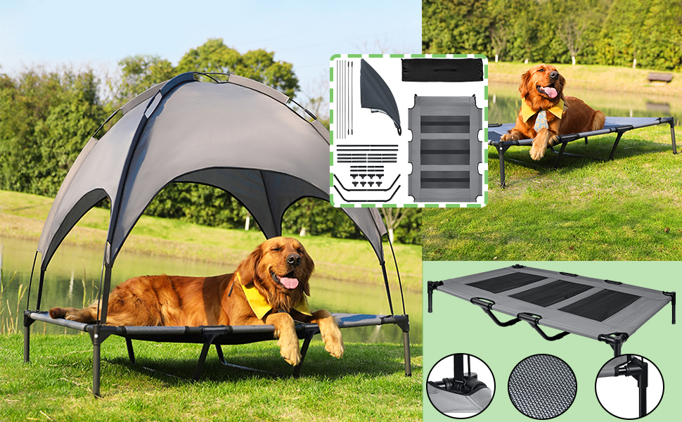 Крісло-ліжко для собак з балдахіном, лежанка для котів та собак, вуличне, для домашніх тварин, софа для собак, місце для сну, підняте, дихаюче, з тканини тафтової, до 40 кг (M, 76x61x76 см)