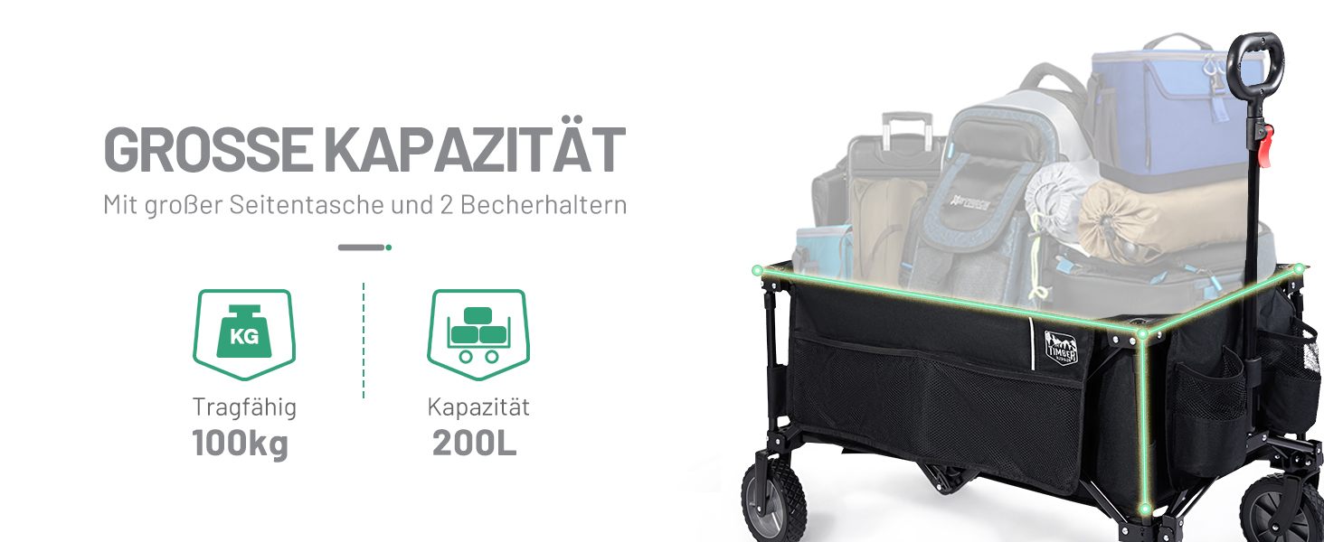 TIMBER RIDGE XXL: Садовий візок-трансформер з кишенями та тримачем для напоїв, для всіх типів місцевості, чорний