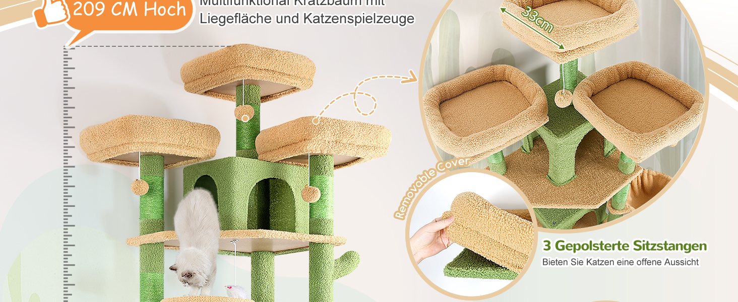 Драбина-кіготь Globlazer XXL, 209 см, з 3 м'якими сидіннями, 2 будиночками, 2 кошиками, великою платформою, іграшками для котів. Стабільна для 3-5 котів.