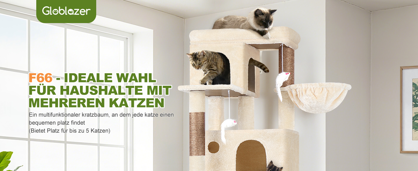 Дерев'яний комплекс для котів Globlazer з 3 будиночками, 5 сизалевими стовпчиками, платформою та іграшками, 168 см, бежевий