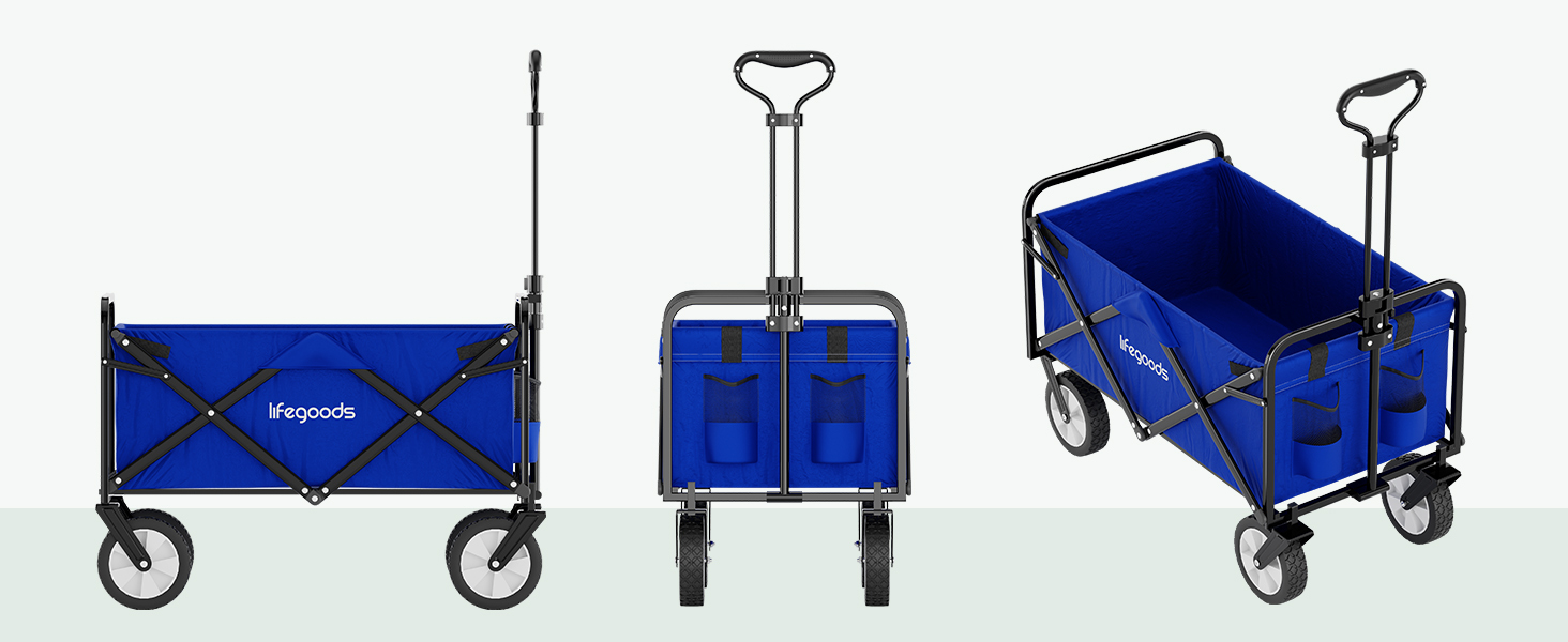 Візок-тачка LifeGoods складний, 98x45 см, блакитний – 94 л, колеса з гуми, 360°