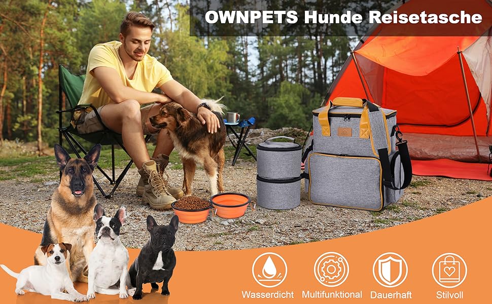 Сумка для собак Ownpets: дорожня сумка для аксесуарів, 2 контейнери для корму, 2 складні миски та знімний ремінь для перенесення. Ідеально для подорожей, кемпінгу та авіаперельотів (сіра)