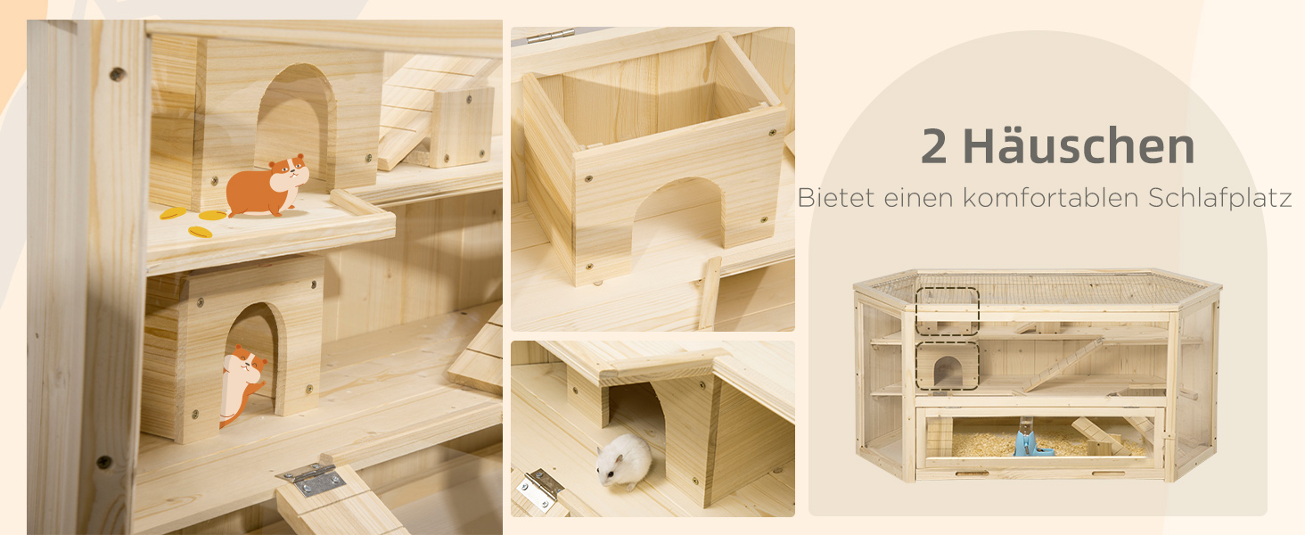 Клітка для дрібних тварин PawHut з рампою, гойдалкою та відкидною кришкою, 115 x 60 x 55 см, натуральне дерево та PS пластик