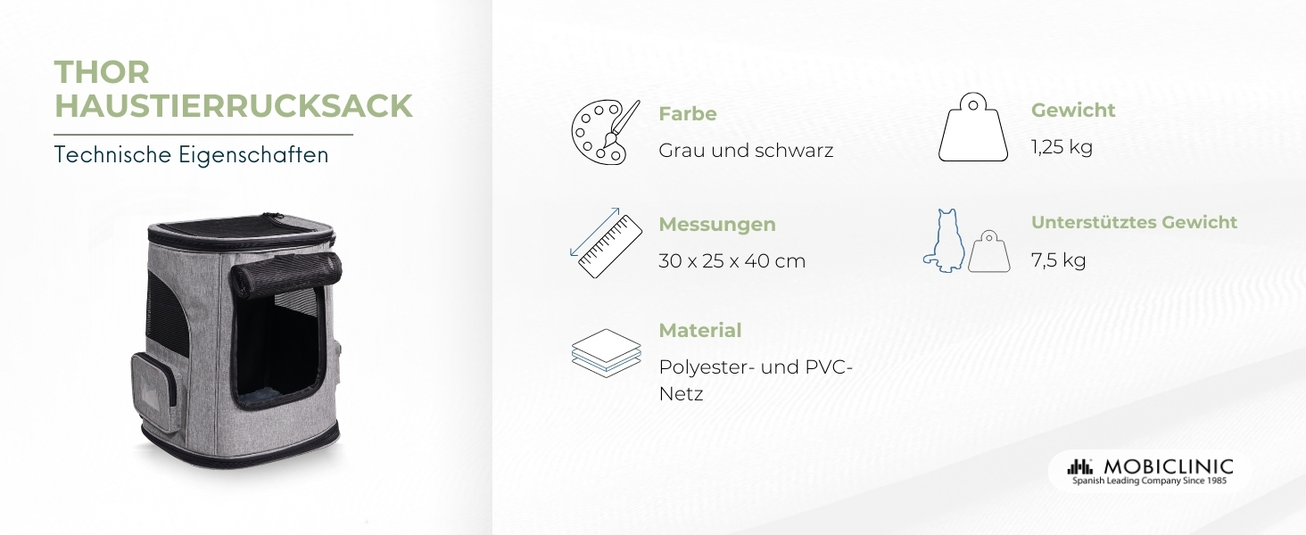 Mobiclinic® Pets: Сучасна переноска-рюкзак для котів та собак, 30x25x40 см, Thor, складна, з сіткою, аксесуари, подвійний хват, регульована