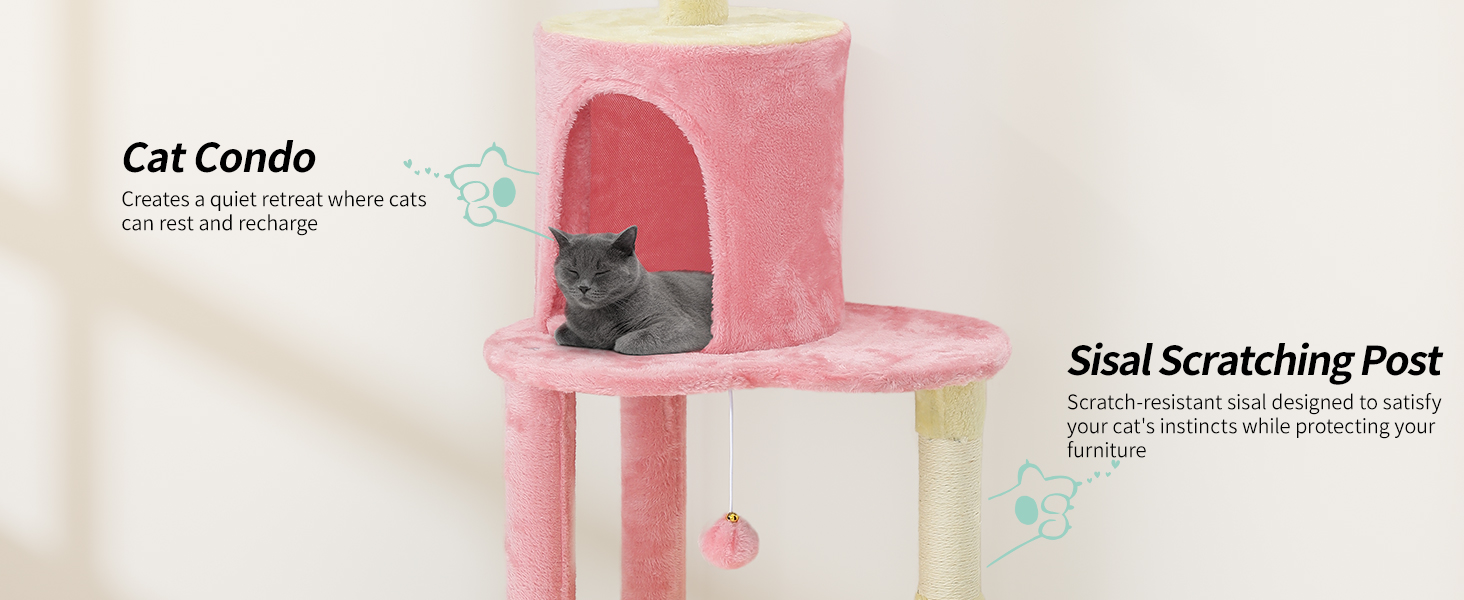 Кліматичний комплекс для котів YITAHOME XXL, 142 см, рожевий, з 8 стовпчиків сизалю, 3 платформи, 2 печери, гамак, іграшки, когтеточка, для дому