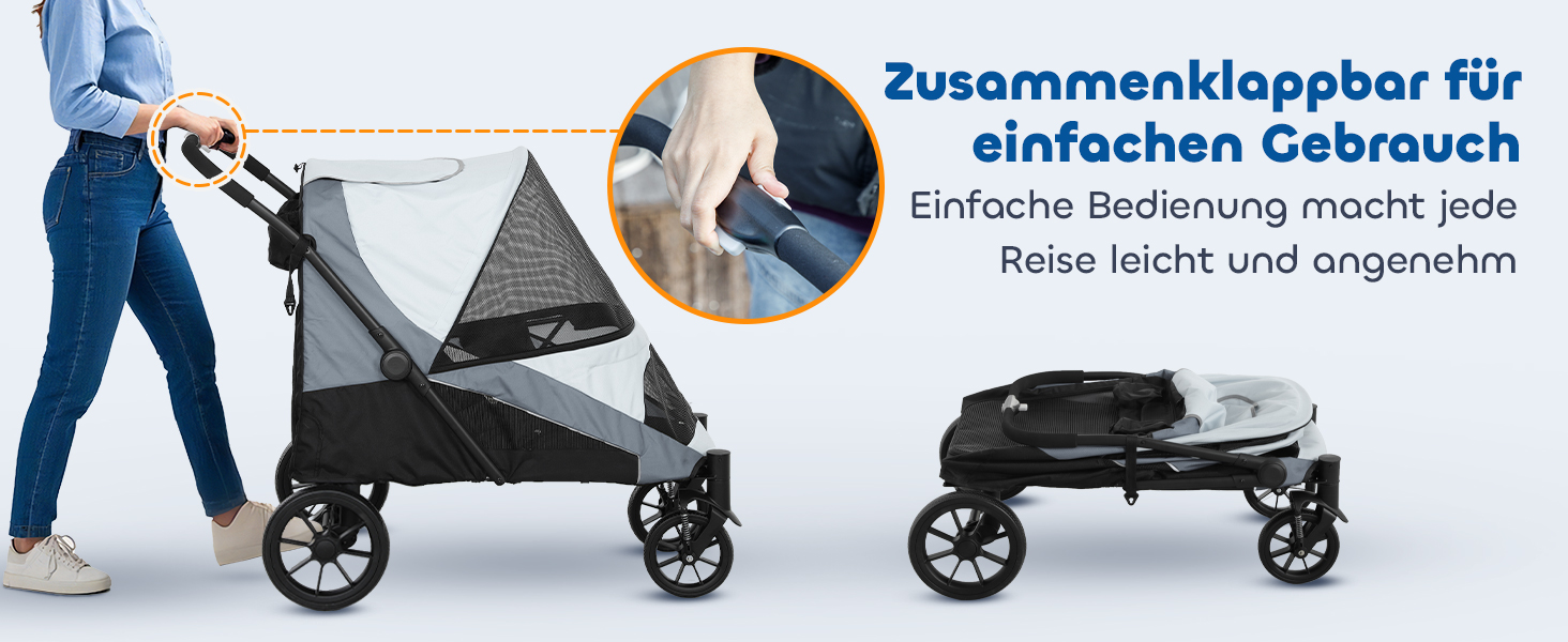 PawHut Візок для собак та котів, розкладний, до 30 кг, з подушкою, сіткою, гальмівною системою (Сірий)