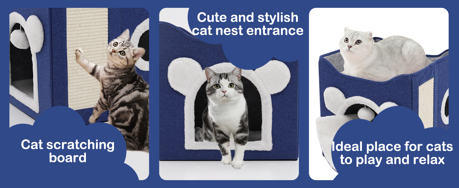 Кіт-будинок складний великий для котів та маленьких собак з когтеточкою та пухнастою кулькою, блакитний