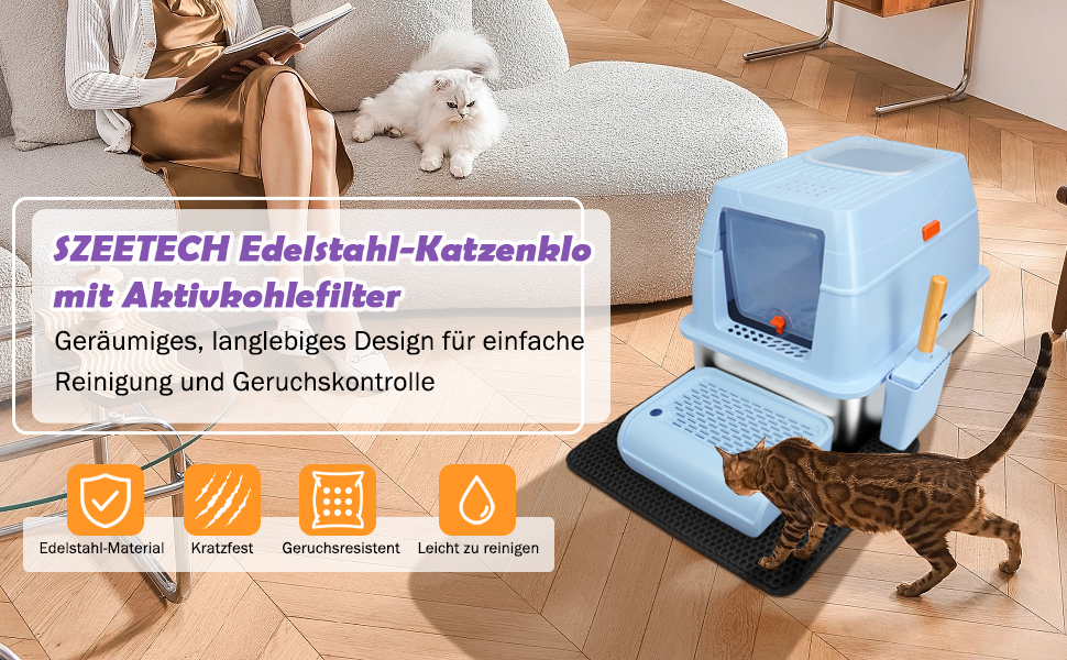 SZEETECH Коробка-лоток для котів XXL з нержавіючої сталі з кришкою, блакитна, з лопаткою, килимком та підставкою