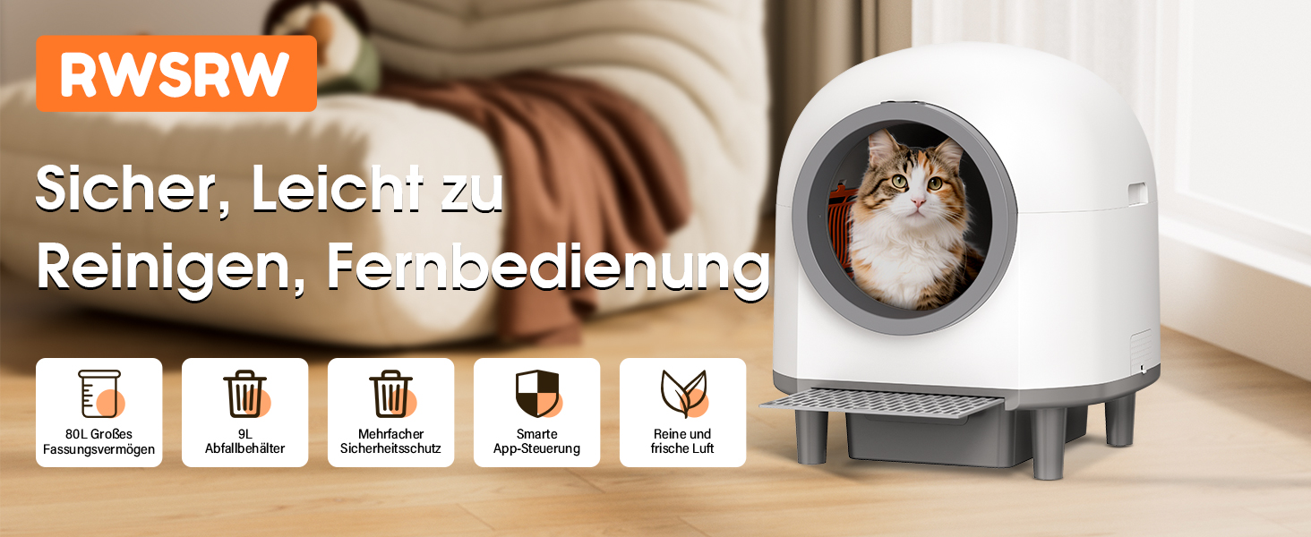 Автоматичний туалет для котів XXL, 80 л, самоочищення, керування через додаток, датчики безпеки, нейтралізація запаху, система безпечного зупинення, білий