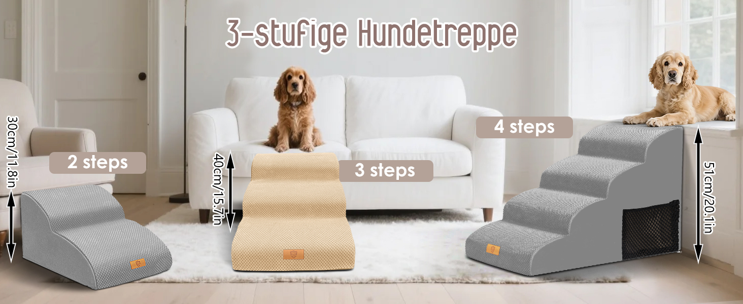 Сходинки для собак, 4 сходинки, знімний поручень, неслизьке покриття, для ліжка та дивану, з високощільним губчастим наповнювачем (3 сходинки, бежевий)