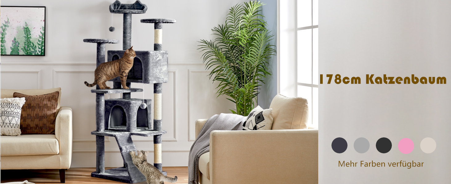 Кігтеточка для котів Yaheetech, велика, 178 см, з 3 платформами, 3 стовпчиками, 2 будиночками, м'ячі, сірий колір