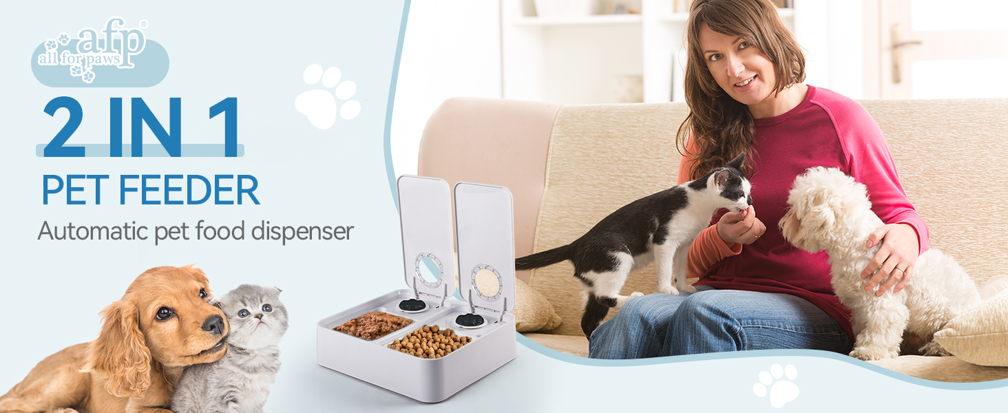 Автоматичний диспенсер для котячого корму ALL FOR PAWS: 2 порції, підходить для сухого та вологого корму, з таймером на 48 годин, миється в посудомийній машині