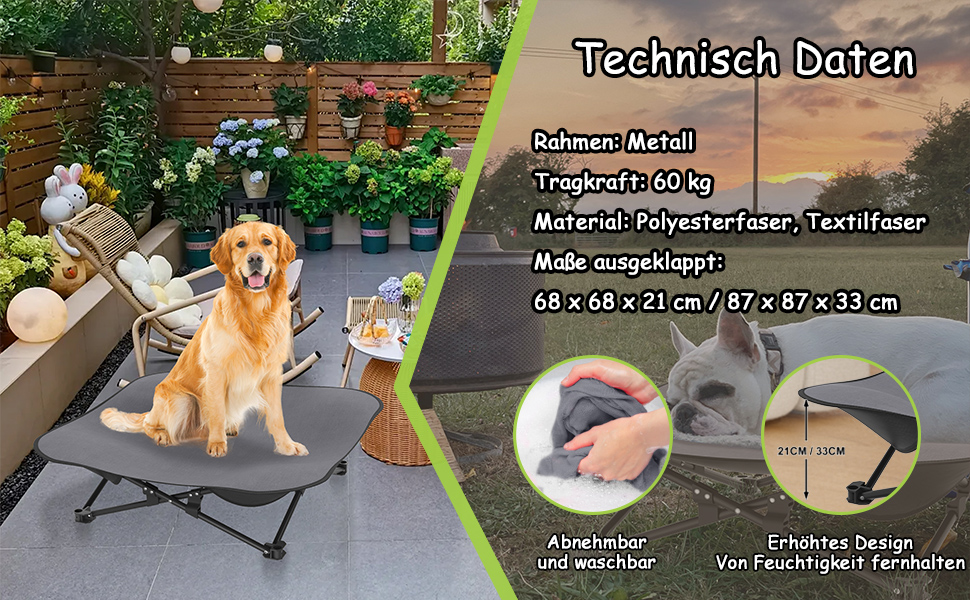 Крісло-ліжко для собак та котів 68x68x21 см, складне, підняте, з дихаючого поліестеру, для дому та саду