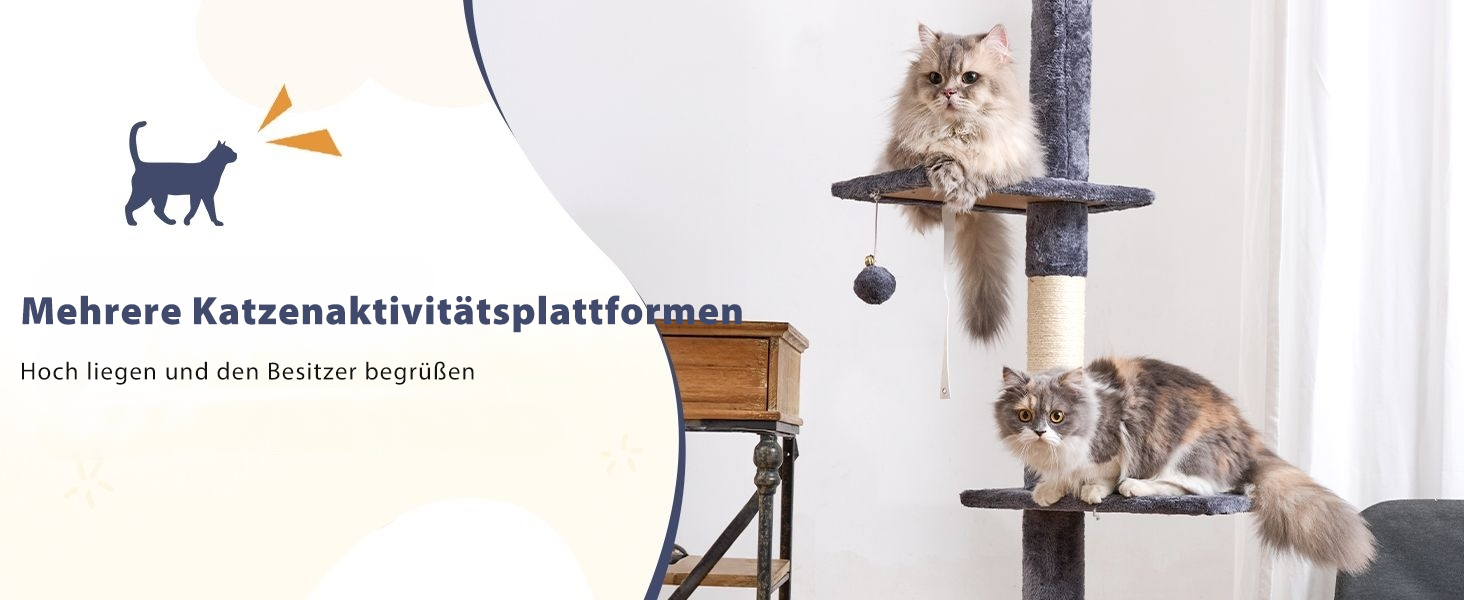 Кігтеточка NEGTTE з регулюванням висоти (230-275см) - кігтечочний комплекс з 2 кігтеточними стовпами, гамаком та будиночком. Вузька кігтеточка висотою для невеликих приміщень, система натягу стелі, страховий ремінь, темно-сірий колір