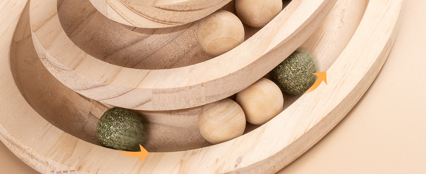 Іграшка для котів MEWOOFUN з дерева, роликовий іграшковий центр з двошаровим обертовим диском, інтерактивна іграшка з пір'ям, 3-в-1 іграшка для кошенят з інтерактивними м'ячиками та висячими кульками, дряпка для котів (маленька)