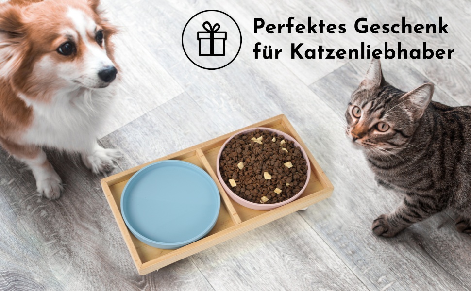 Підвищена годівниця для котів JAZUIHA з 2 широкими мисками, станція для годування з дерев'яною підставкою та силіконовою мискою, діаметр 18 см