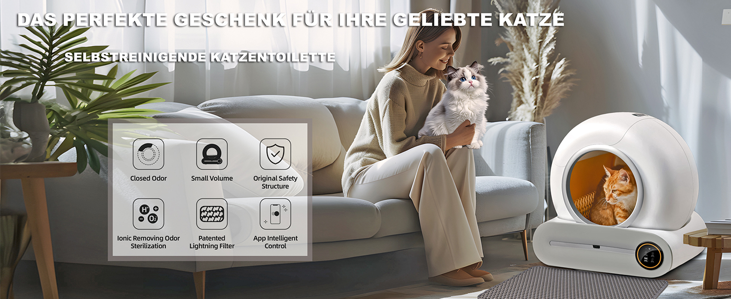 Автоматичний лоток для котів XQDKoon з самоочищенням, 65L+9L, з 5 мішками для сміття та килимком, керування через додаток