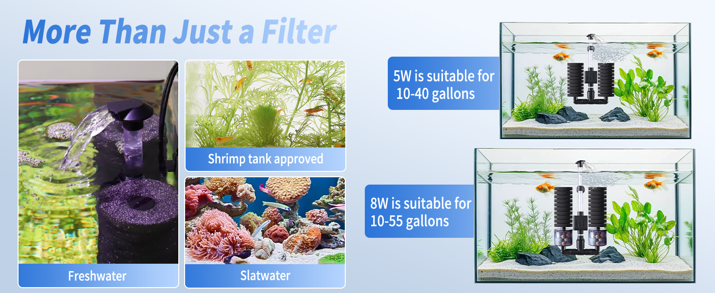 AQQA Фільтр для акваріума, електричний внутрішній фільтр для акваріума, тихий губчастий фільтр з водяним насосом 190 л/год, біологічне та механічне фільтрування, для акваріумів до 210 л (5 Вт)
