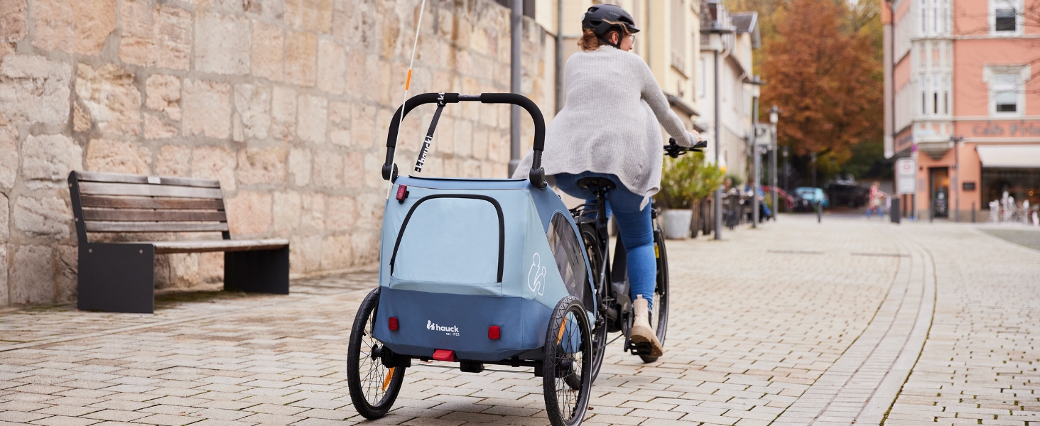 Фahrра-причіп Hauck Dryk Duo Plus Set для 2 дітей з люлькою, тентом та дощем. Складається, з підвіскою та функцією коляски, темно-синій