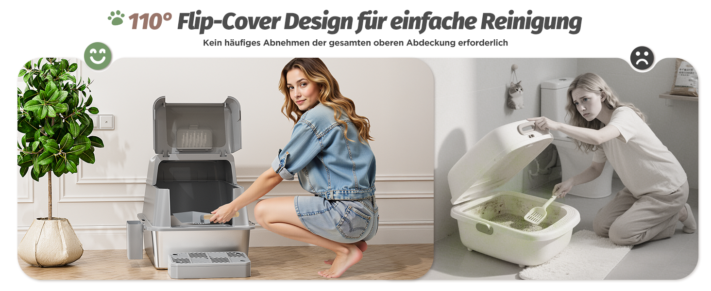 XXL Лоток для котів зі сталі з кришкою, 110° поворотна кришка, закритий лоток для котів, великий об'єм 40л з совочком та педальним механізмом, без запаху, захист від протікання та легке очищення, 60х42х44 см