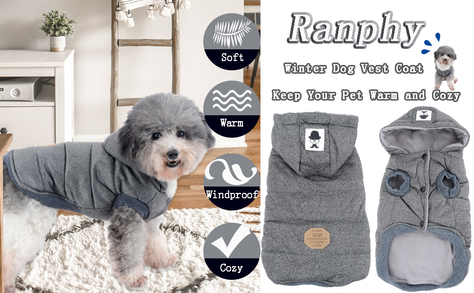Зимова куртка для собак маленьких порід Ranphy з капюшоном, тепла флісова підкладка, бавовняний халат для домашніх тварин, вітронепроникна куртка, капюшонна куртка для котів, сірий L (Обхват грудей: 42 см), сірий