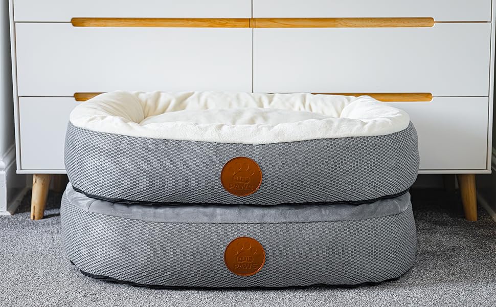 Ліжко для собак Elite Paws UK: ортопедичне, з двошаровим шаром піни та плюшевою подушкою, підтримка голови, шиї та суглобів, знімний чохол з флісу кремово-сірого кольору